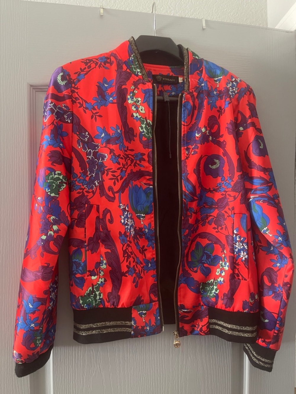 Versace Red Floral Print Bomber Jacket with Blue Accents